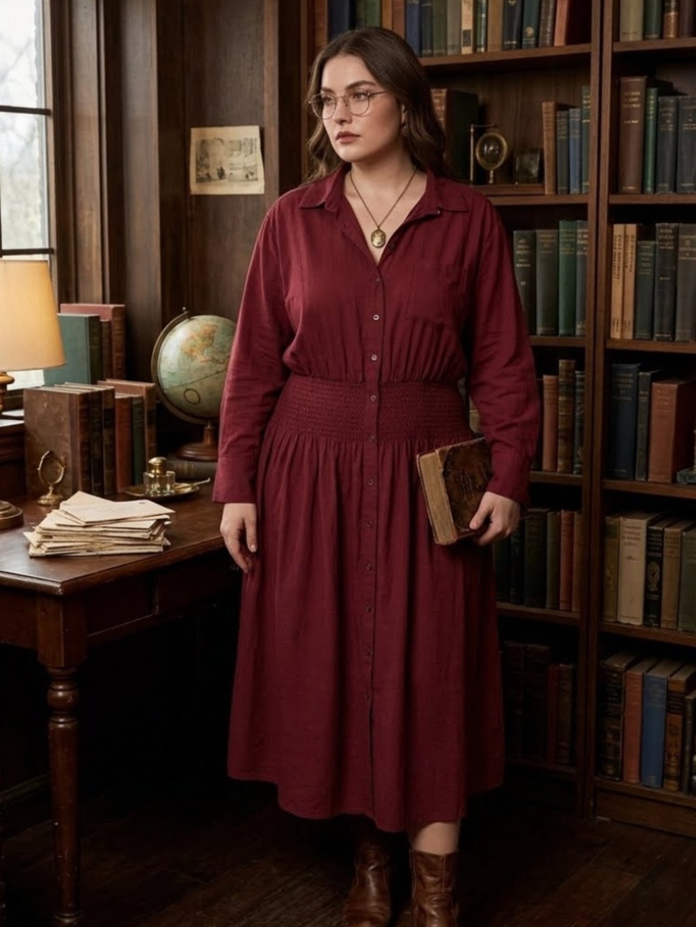 Future Collective Burgundy Smocked Midi Shirtdress • Dark Academia Boho Size XL